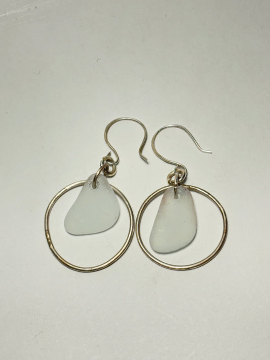 White sea glass hoop earrings