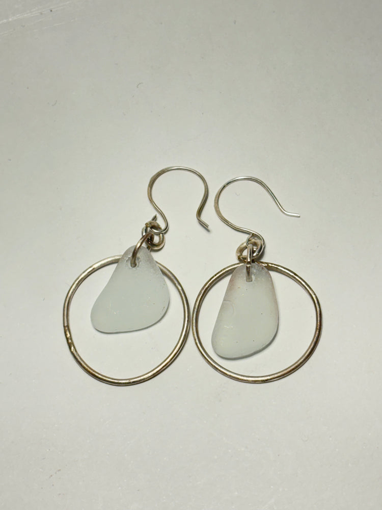 White sea glass hoop earrings