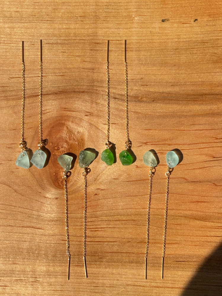 Gold sea glass chain through earrings