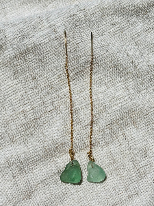 Gold sea glass chain through earrings