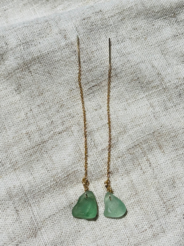Gold sea glass chain through earrings