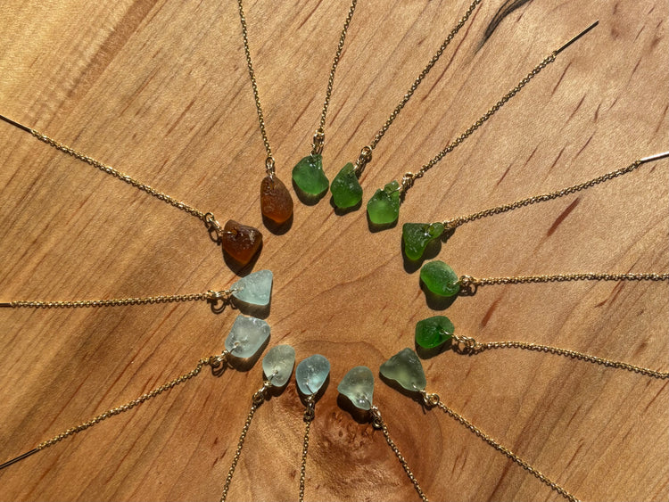 Gold sea glass chain through earrings