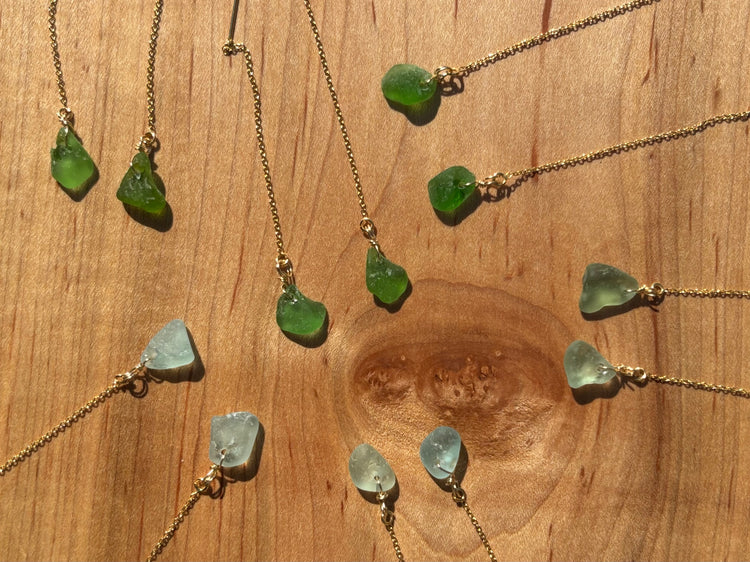 Gold sea glass chain through earrings