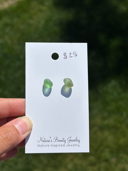 Olive green sea glass stud earrings