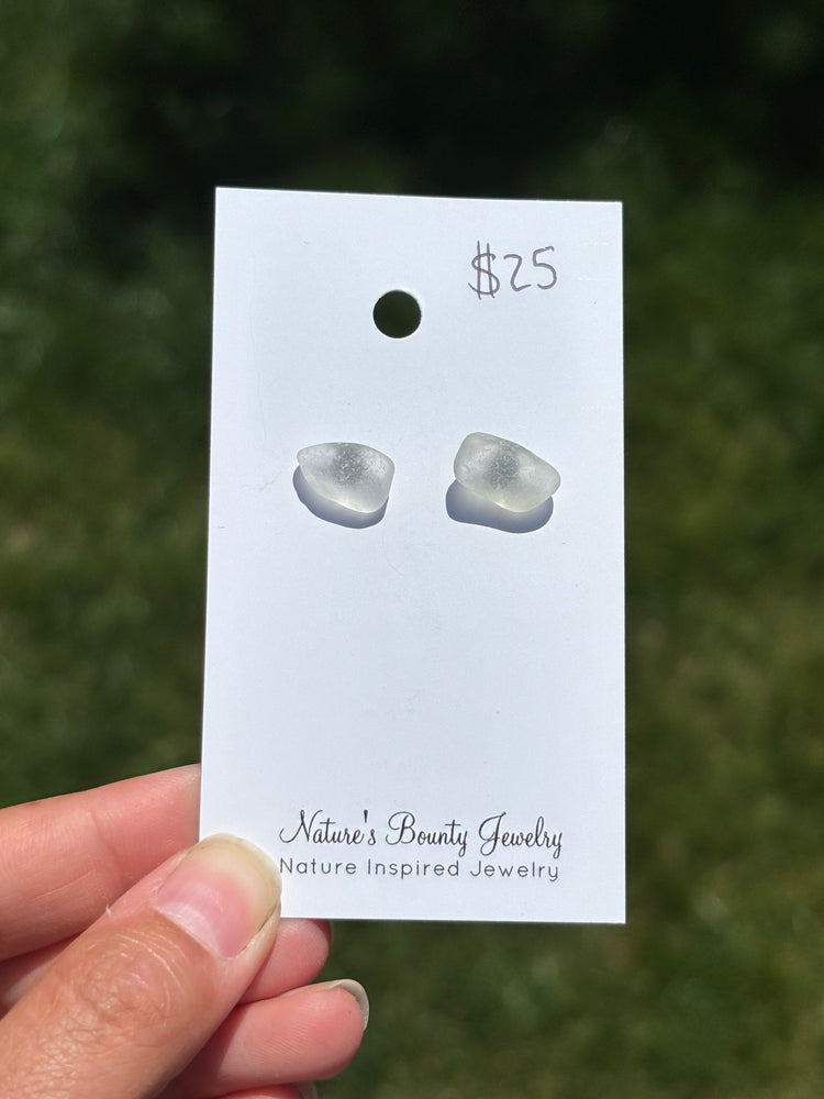 White sea glass studs