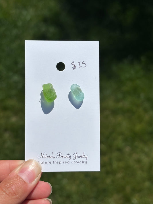 Mismatched green and blue sea glass studs