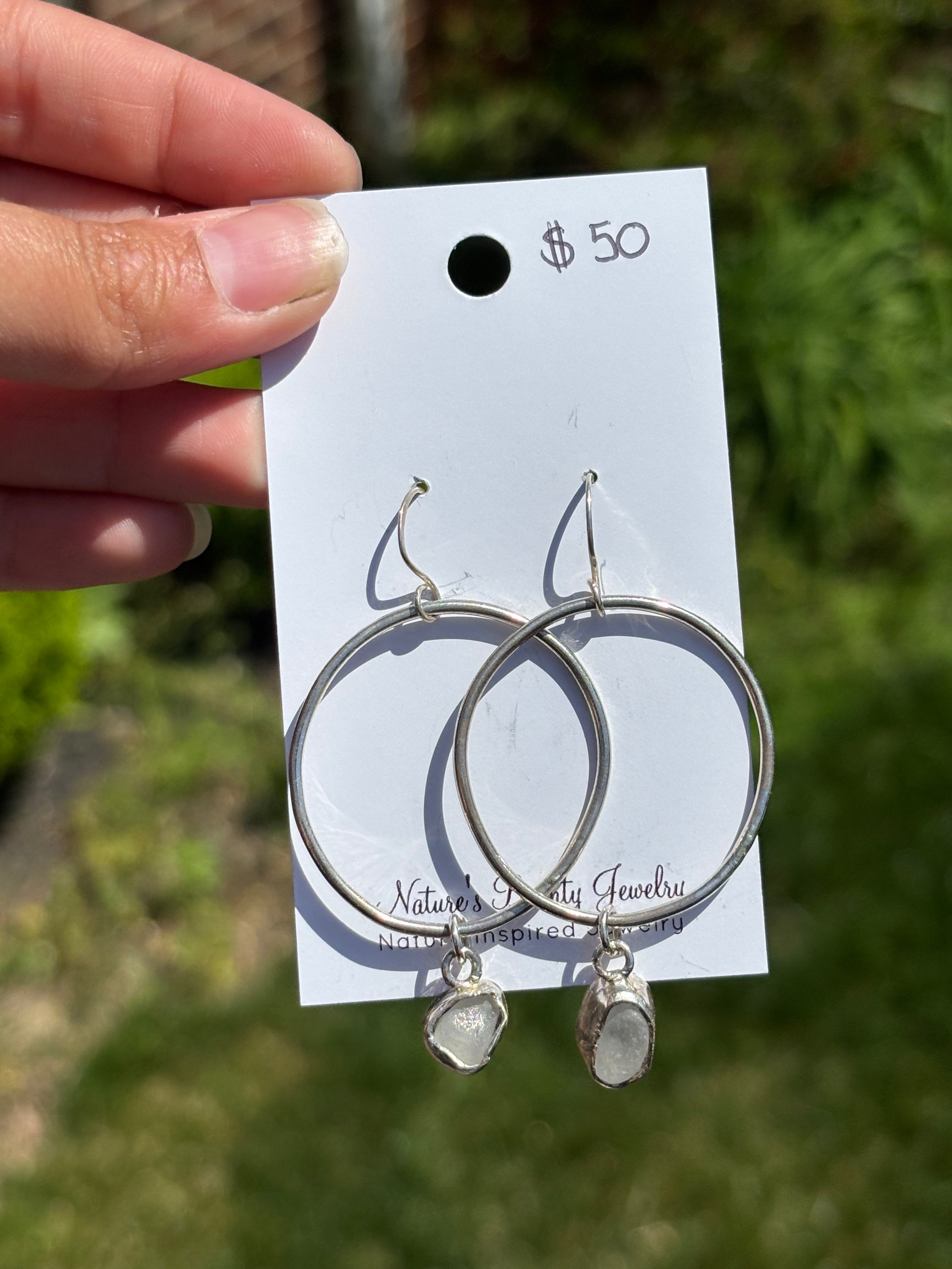 Silver sea glass hoop earrings