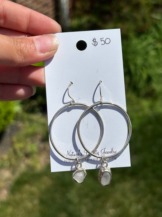 Silver sea glass hoop earrings